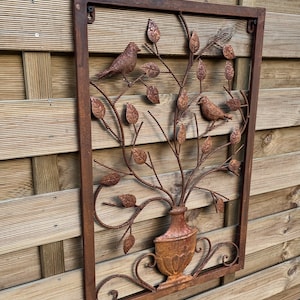 Rusty Metal Vase and Floral Birds Wall Art - Indoor / Outdoor.