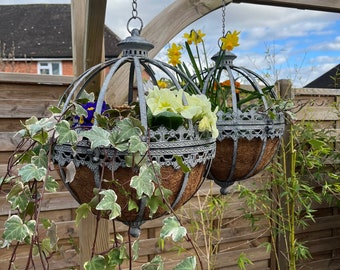 Set of 2 Large Metal Grey Hanging Orb / Globe Planters on Chain