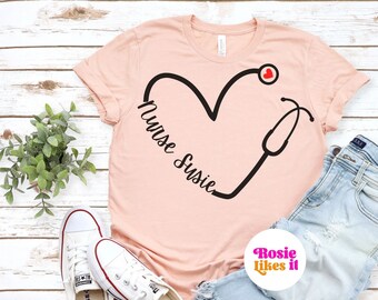 Heart Stethoscope Custom Nurse Shirt Personally custom shirt for Nurse Name Tees Custom Nursing T Shirt for Nurse Gift Nurse T-Shirt