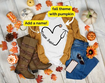 Heart Stethoscope Custom Nurse Shirt with Pumpkin, Fall custom shirt for Nurse Halloween Name Tees Custom Nursing T Shirt for Nurse Gift