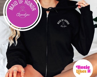 Personalized Bridal Party Hoodie, Custom Bride Gift Zip Up Hoodie, Zippered Wedding Gift Bridesmaids, Bride Zip Up Hoodie, Hoodie Pockets