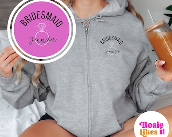 Custom Bride Gift Zip Up Hoodie, Personalized Bridal Party Hoodie, Zippered Wedding Gift Bridesmaids, Bride Zip Up Hoodie, Hoodie Pockets