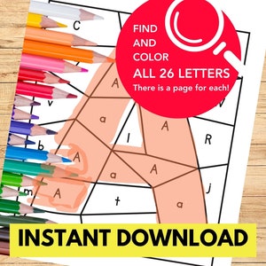Alfabeto para colorear, Hoja de trabajo preescolar, Hojas de trabajo de reconocimiento de letras del alfabeto, Imprimibles educativos, Imprimibles preescolares, Letras del alfabeto