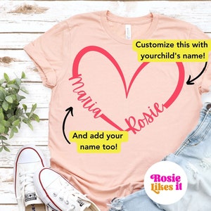 Your Name Heart Line Shirt, Mom-Mom Shirts, Personalized Shirt for Mom Daughter and Mom Names TShirt Mom Son Custom Text Heart Line Shirt