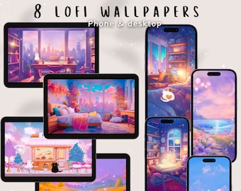 Conjunto de papéis de parede Lofi em tons pastel: Gato Anime, para computador e celular (Download digital)