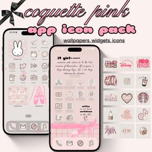Puede incluir: Dos smartphones que muestran un paquete de iconos de aplicaciones rosa "coquette". Las pantallas muestran fondos de pantalla, widgets e iconos personalizados. Un teléfono presenta un icono de conejito, el otro muestra iconos de aplicaciones y el texto "it girl".