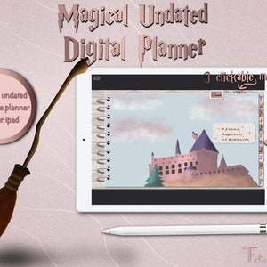 Puede incluir: Una aplicación de planificador digital en un iPad con una ilustración de un castillo rosa. La aplicación tiene un menú y pestañas de mes que se pueden hacer clic. El texto "Magical Undated Digital Planner" está en la parte superior de la pantalla.