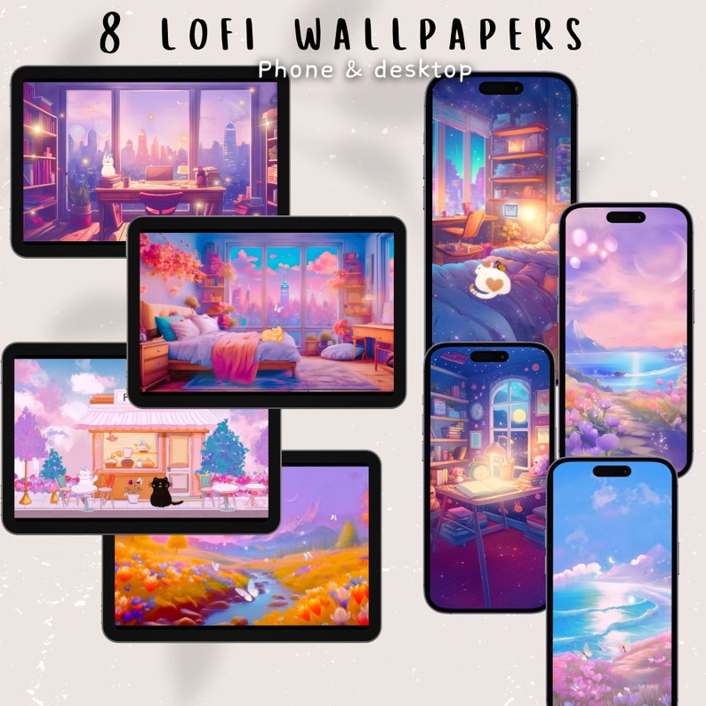 Pastel Lofi Wallpaper Set: Anime Cat, Desktop & Phone (digital Download ...