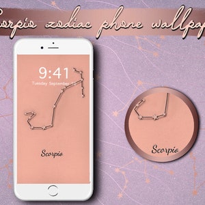 May include: A pink and white phone wallpaper with a black outline of the Scorpio constellation and the word "Scorpio" in cursive. The background is a glittery pink with white stars.