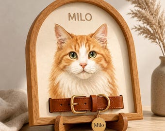 Custom Pet Memorial Frame with Collar Holder, Watercolor Dog Portrait, Loss of Dog Sympathy Gift, Cat Remembrance Sign,Pet Keepsake
