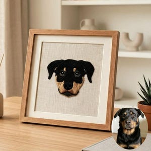 Retrato personalizado bordado do seu animal de estimação, presente memorial personalizado para cães e gatos, arte costurada à mão, presente minimalista para mães de cachorro, moldura quadrada de madeira