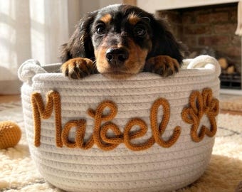 Personalized Pet Toy Basket, Custom Woven Dog Toy Storage with Name, Cotton Rope Cat Toy Organizer, Personalized Dog Gift, Puppy Toy Bin