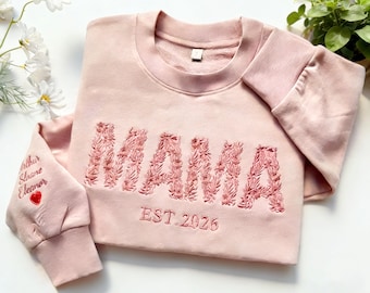Customized Embroidered floral mama sweatshirt,New Mom Gift with Kids Name on Sleeve, minimalist mom pullover gift
