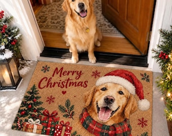 Felpudo personalizado con retrato de perro, regalo navideño personalizado para amantes de los perros, felpudo conmemorativo para mascotas, decoración navideña para la entrada del hogar.