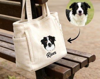 Custom Pet Portrait Embroidered Corduroy Tote Bag,Personalized Dog Mom Gift,Minimalist Small Handbag,Custom Name Purse