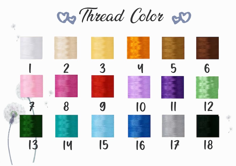 May include: Chart of 18 different thread colors, labeled with numbers 1 through 18. The colors include white, beige, yellow, orange, brown, pink, red, purple, green, blue, gray, and black.