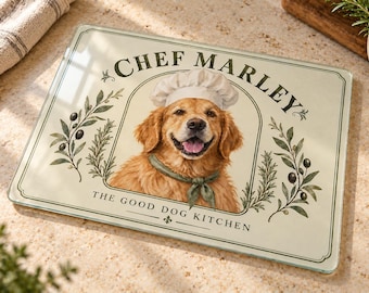 Personalized Pet Glass Cutting Board, Custom Photo and Name, Botanical Chef Design