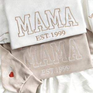 Custom Embroidered Mama Sweatshirt with Kids Name on Sleeve, Personalized Mom Sweatshirt, Minimalist Momma Sweater, Mothers Day Gift for Mom