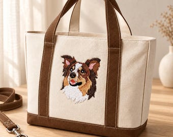 Custom Pet Portrait Tote Bag, Personalized Embroidered Dog Bag, Custom Embroidered Canvas Handbag, Memorial Gift for Pet Lovers