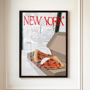 Arte murale retrò di New York - Stampa artistica di cibo di New York - Decorazione murale moderna per pizzeria - Arte murale per cucina di pizza - Poster di cibo stampabile