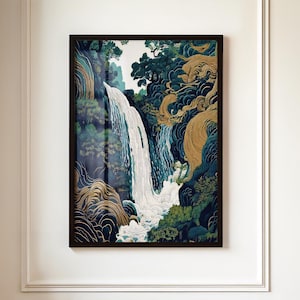 Chinese Wall Art: Japanese Waterfall Art Print, Serene Nature Landscape with Flowing Poster