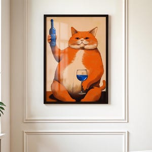 ワイン猫ポスター - ミッドセンチュリーモダンキッチンウォールアート - ダイニングルームやバーカートの装飾に最適な面白いペットの肖像画