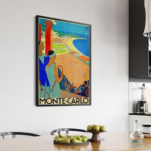 Poster di viaggio vintage con campi da tennis di Monaco e Monte Carlo, arte murale di viaggio a Monaco, stampa vintage con campi da tennis di Montecarlo, regalo per giocatore di tennis