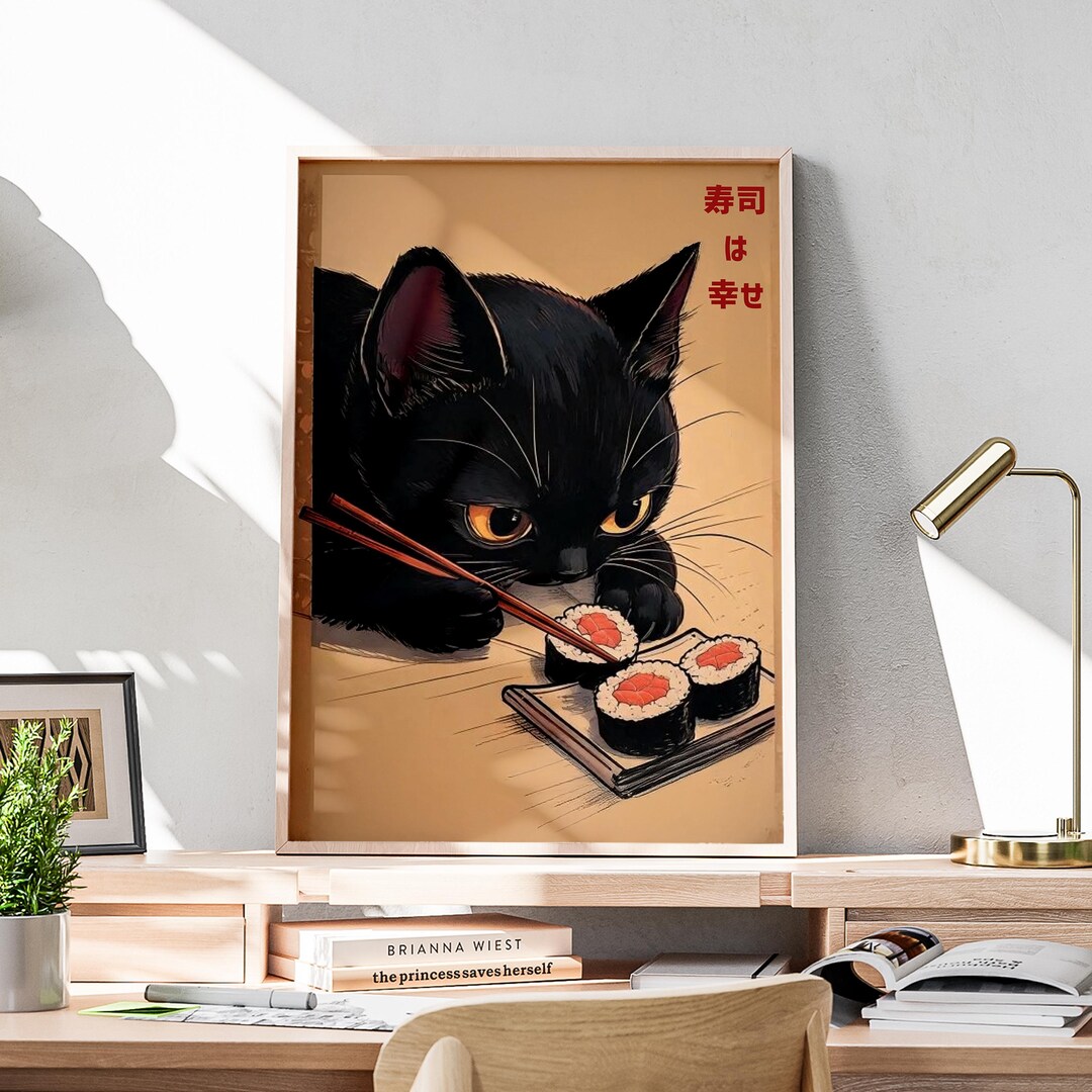 Hungry Cat, Delicious Japanese Food Art, Sushi Black Cat Poster Tokyo ...