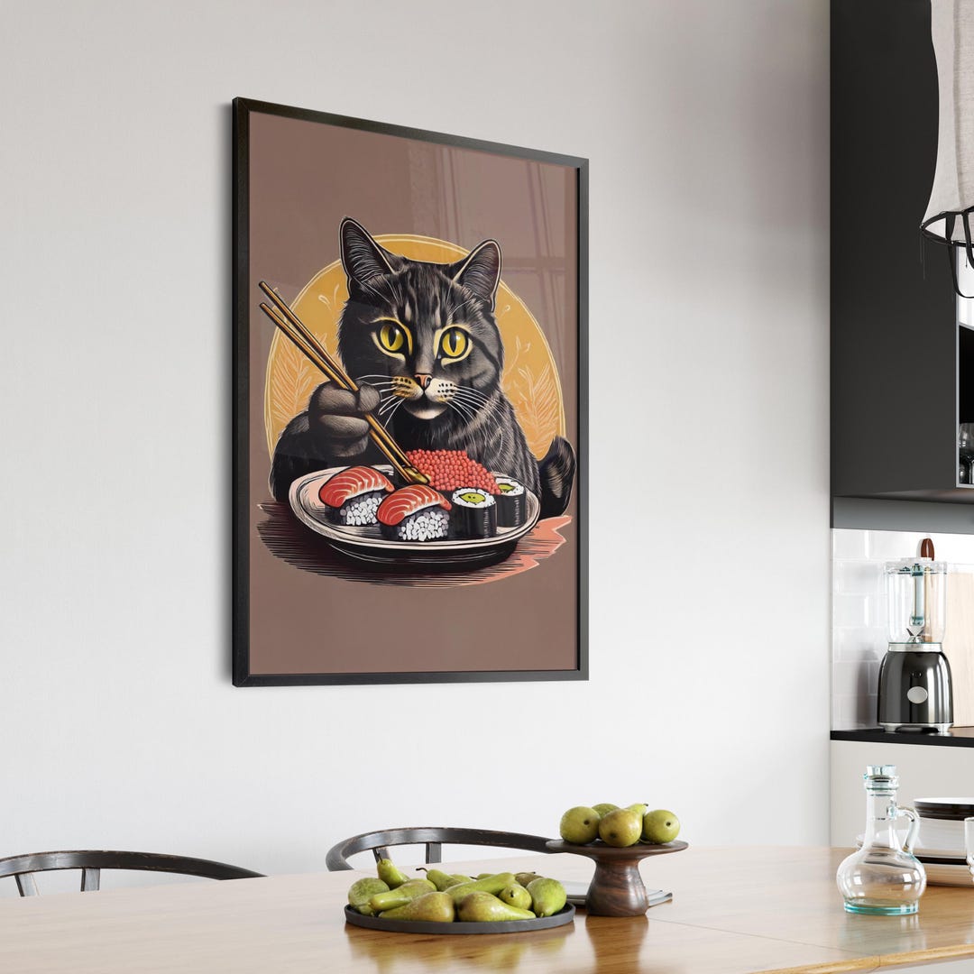Sushi Black Cat Poster Tokyo Art Print, Oishii Cat Print, Hungry Cat ...