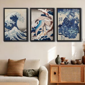 The Great Wave Set of 3 | Hokusai Great Wave Prints | Kanagawa Art | Ukiyo-e Wall Art for Japandi & Gallery Decor