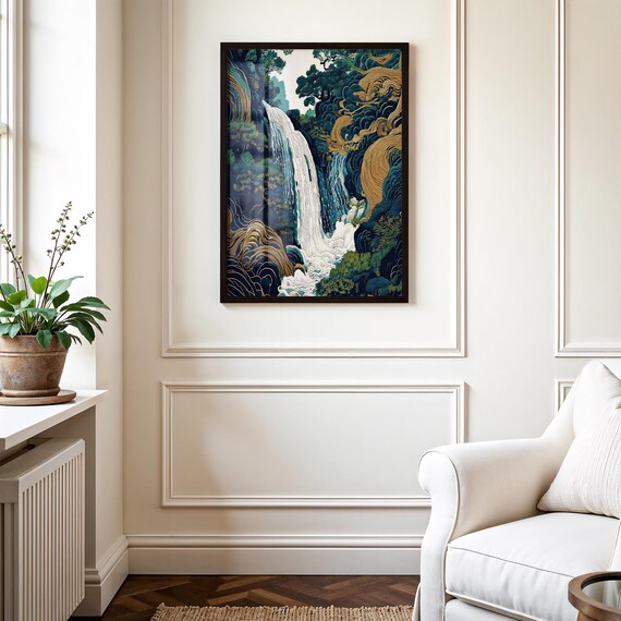 Chinese Wall Art: Japanese Waterfall Art Print, Serene Nature Landscape with Flowing Poster