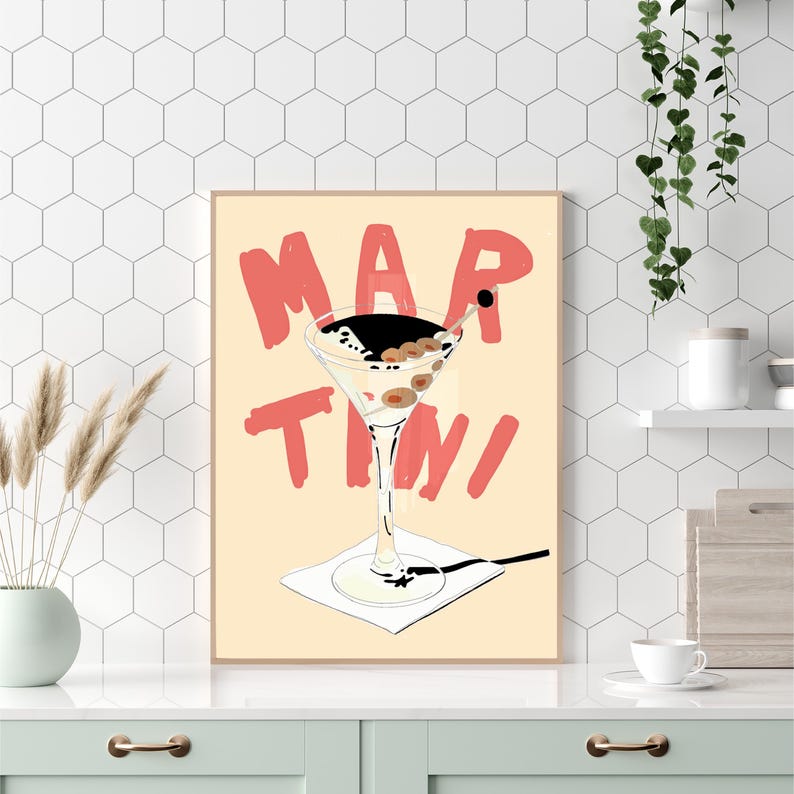 Martini Framed Canvas Print, Hand Drawn Martini Print, Retro Drink Art