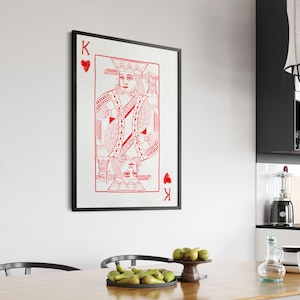 Poster del Re di Cuori - Arte delle Carte da Gioco Vintage - Stampa del Re di Cuori - Arte Murale delle Carte - Decorazione delle Carte da Gioco - Opera d'Arte Unica a Forma di Cuore