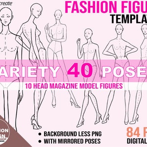40 Model Poses Fashion Figure Template. Female Croquis for Fashion Illustration. Printable PNG Digital Download. 10 Head Woman Figure Bundle