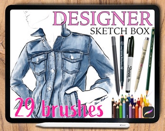 Procreate Brushes, DESIGNER SKETCH BOX. Colored Pencil, Micron, Ink, Pen, Fine Liner, For Fashion Illustration, Anime, Manga, Lettering