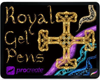 Procreate Royal Gel Pens: Gold Metallic Texture Lettering Brushes (Color Palettes)