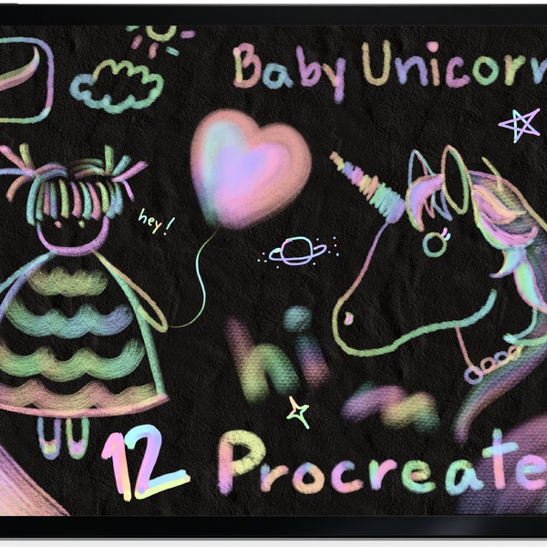 Procreate Brushes 12 BABY EINHORN. Kinderbuch inspiriert. Buntstift, Pastelle, Kreide, Marker, Liner, Sharpie, Rainbow Hue Multicolor.