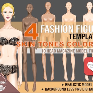 PNG 4 Skin Tone Colored Fashion Figure, Croqui Template. Relaxed Front View, Realistic 10 Head Model Fashion Illustration Clipart.