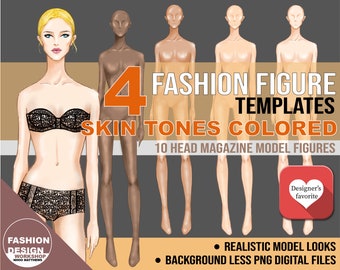 PNG 4 Skin Tone Colored Fashion Figure, Croqui Template. Relaxed Front View, Realistic 10 Head Model Fashion Illustration Clipart.