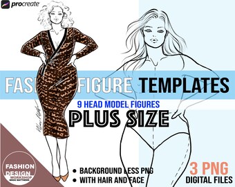 Elegant Plus Size Model Fashion Figure Template. Curvy Woman Croqui, 3 PNG Printable Digital Download Files, 9 Head Female Figures. Pose #2