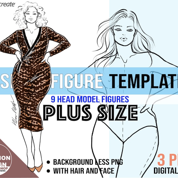 Elegant Plus Size Model Fashion Figure Template. Curvy Woman Croqui, 3 PNG Printable Digital Download Files, 9 Head Female Figures. Pose #2