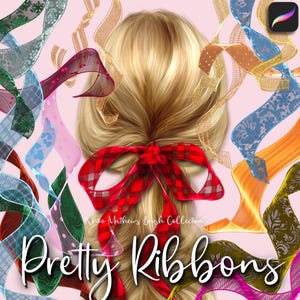 May include: Digital illustration featuring blonde hair tied with a red plaid bow, surrounded by ribbons in pink, green, blue, and gold. The text "Pretty Ribbons" is displayed in a cursive font. The image is a brush collection.