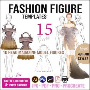 15 Fashion Figure Templates. 10 Head Fashion Croquis. JPG, PNG, PDF, Procreate Stamp. 48 Hair Styles. Printable Fashion Illustration Clipart
