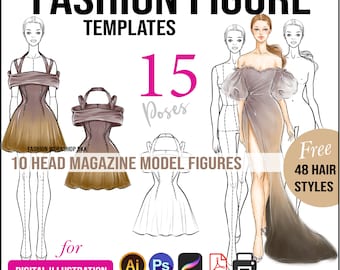 15 Fashion Figure Templates. 10 Head Fashion Croquis. JPG, PNG, PDF, Procreate Stamp. 48 Hair Styles. Printable Fashion Illustration Clipart