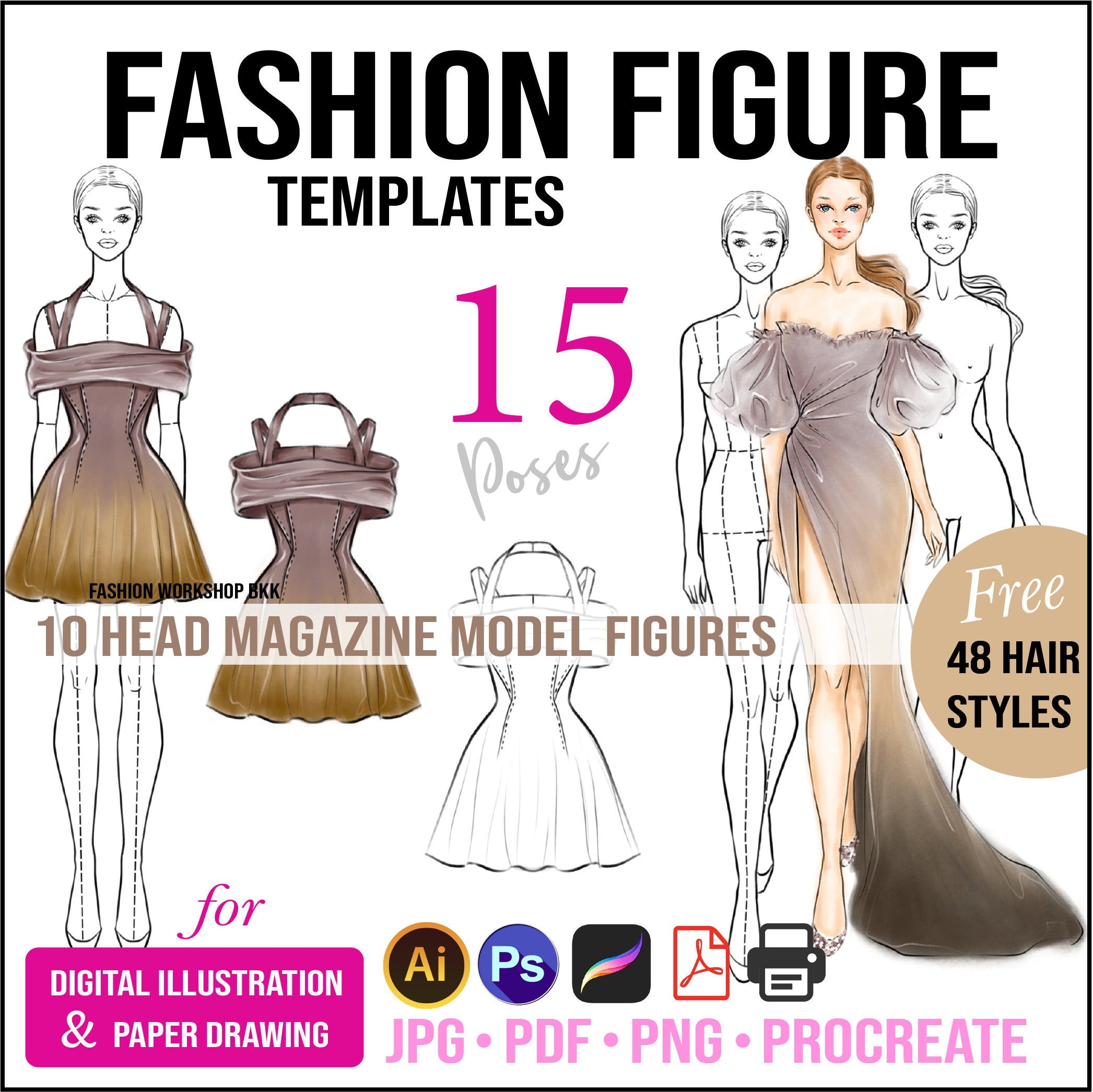 15 Fashion Figure Templates (10-Head Proportion) – 15 Poses, 48 Hairstyles, JPG PNG PDF + Procreate Stamps