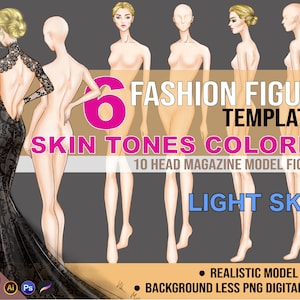 PNG Light Skin Tone Colored Fashion Figure, Croqui Template. 3 GLAM Poses, Transparent Background 10 Head Model Fashion Illustration Clipart