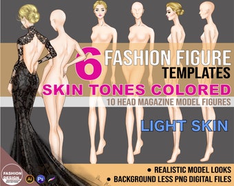 PNG Light Skin Tone Colored Fashion Figure, Croqui Template. 3 GLAM Poses, Transparent Background 10 Head Model Fashion Illustration Clipart