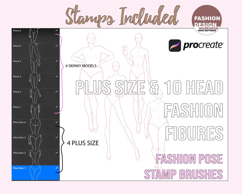 Procreate FASHION FIGURE Plus Size & Skinny Model Stamp Brushes for Procreate App Only. Croqui/ Body Templates. 10 Brushes total image 3