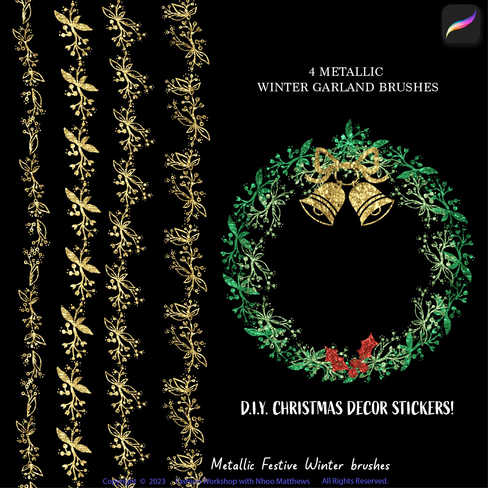 Metallic Christmas Procreate Brushes: Gold Foil Winter Holiday Stamps ...