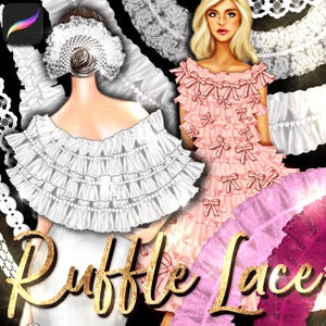 Procreate Ruffle Lace 110 Brushes of Ruffle, Lace Ruffle, Frills, Trims, Bows, Lacing, Smocking, Pearl + Fashion Illustration Video Tutorial
